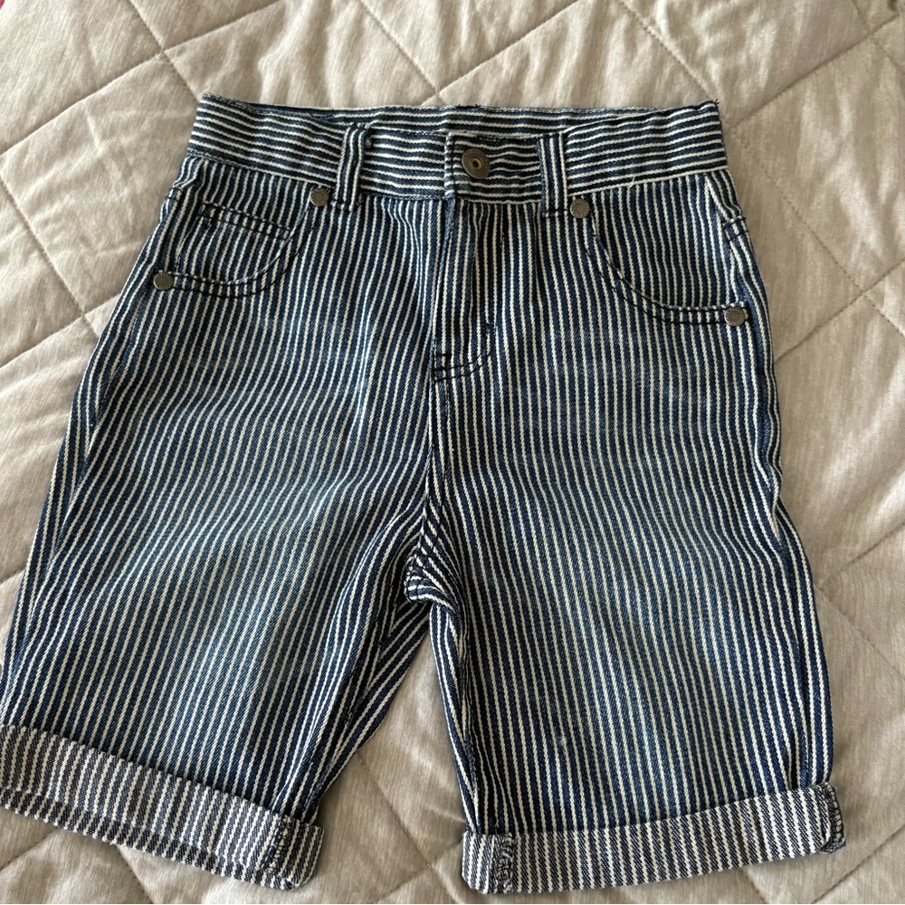 Truly Scrumptious Toddler Denim Shorts 3T Blue White Striped Railroad Style